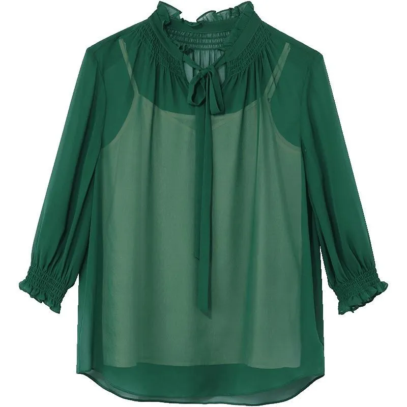 Green 10 Momme Silk Tied Women Blouse