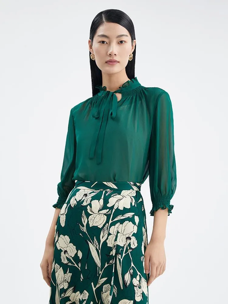 Green 10 Momme Silk Tied Women Blouse