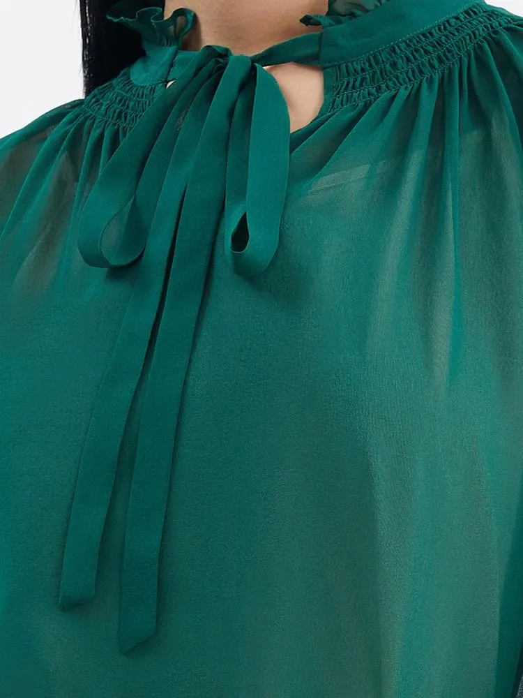 Green 10 Momme Silk Tied Women Blouse