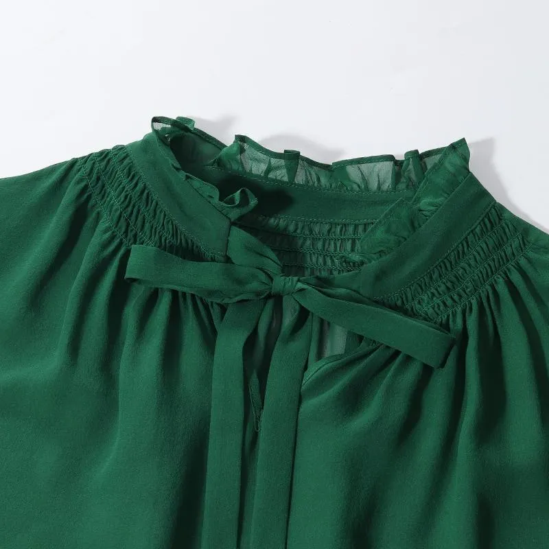 Green 10 Momme Silk Tied Women Blouse
