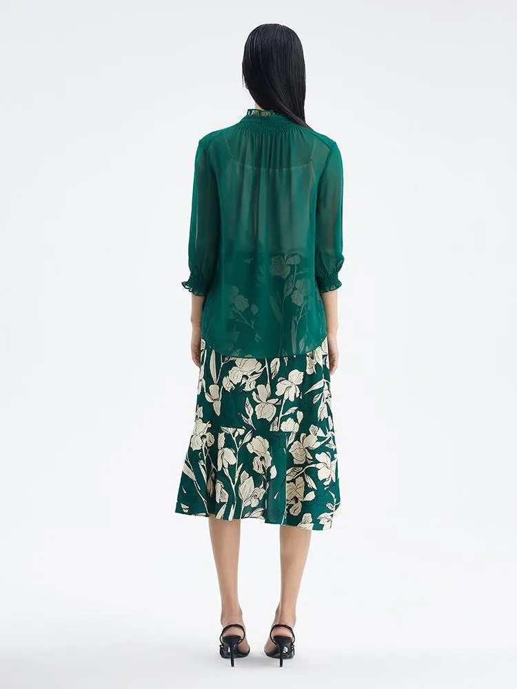 Green 10 Momme Silk Tied Women Blouse