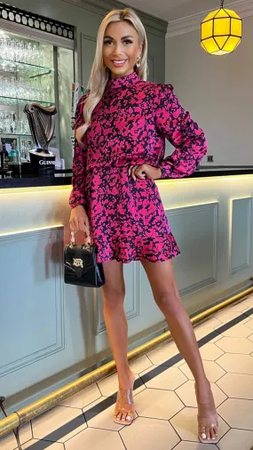 Hertha Cerise Pink & Black Printed Skater Dress