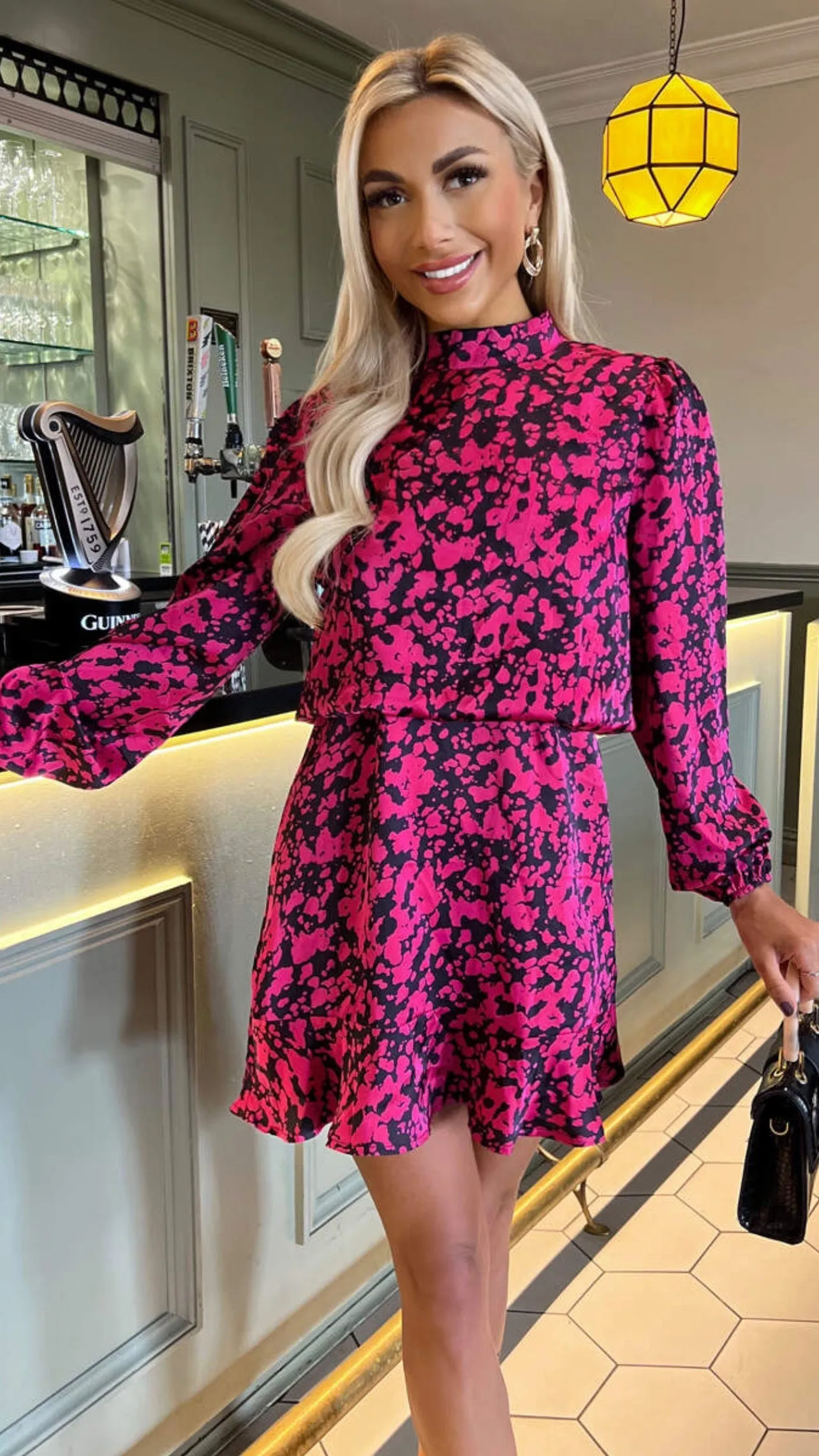 Hertha Cerise Pink & Black Printed Skater Dress