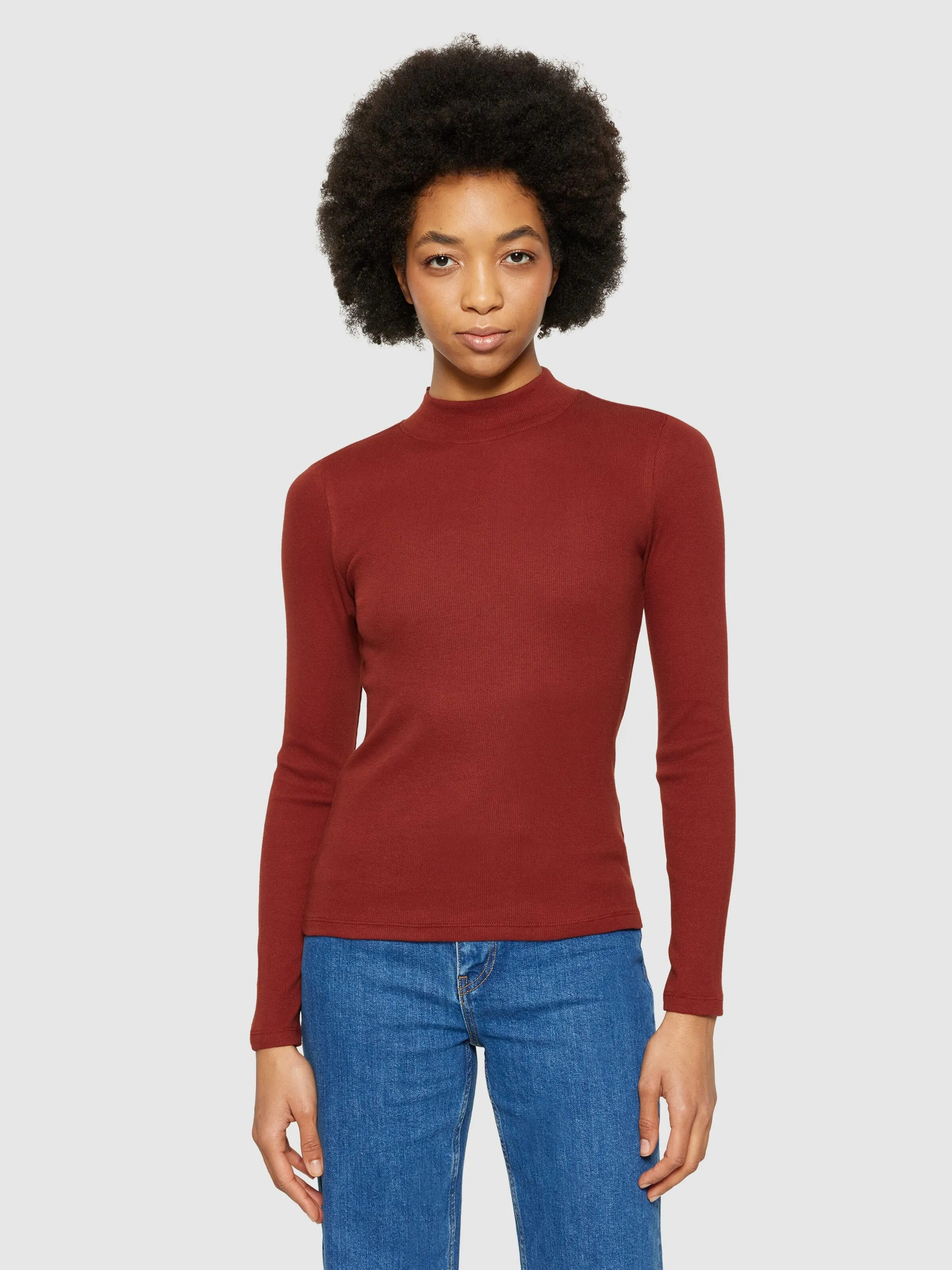 KCA 100076 Rib high neck long sleeved top 1478 fired brick women
