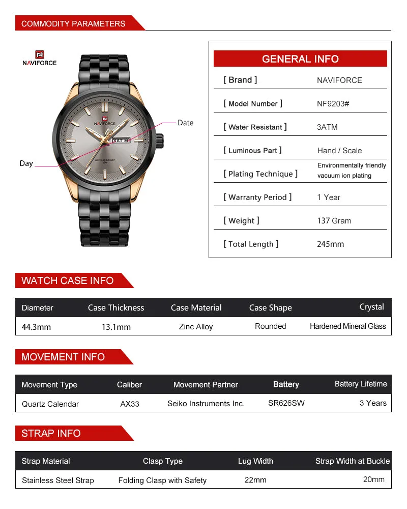 Naviforce NF9203 Men's Watch Old School Design Casual Classic Day Date Quartz WristWatch For Man Gift