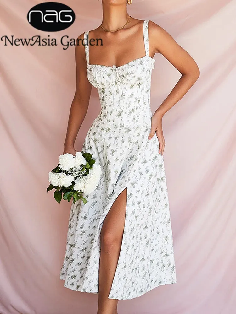 NewAsia Floral Summer Dress Boned Tie Up Split  Elastic With Lining Adjustable Strapes Zip Summer Dress Beach Women Vestido 2022