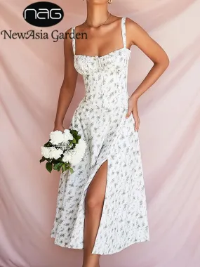 NewAsia Floral Summer Dress Boned Tie Up Split  Elastic With Lining Adjustable Strapes Zip Summer Dress Beach Women Vestido 2022