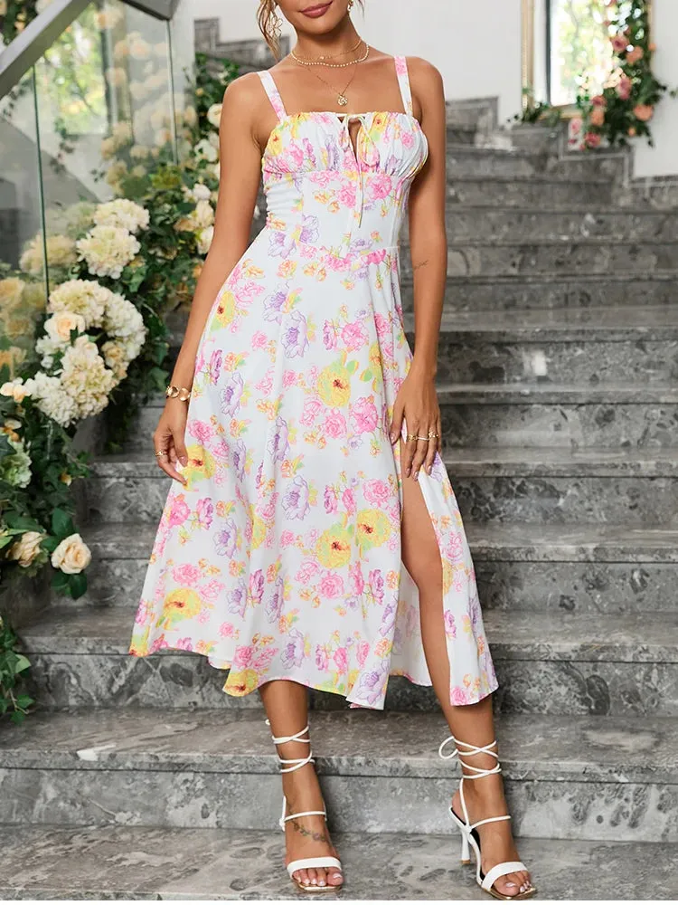 NewAsia Floral Summer Dress Boned Tie Up Split  Elastic With Lining Adjustable Strapes Zip Summer Dress Beach Women Vestido 2022