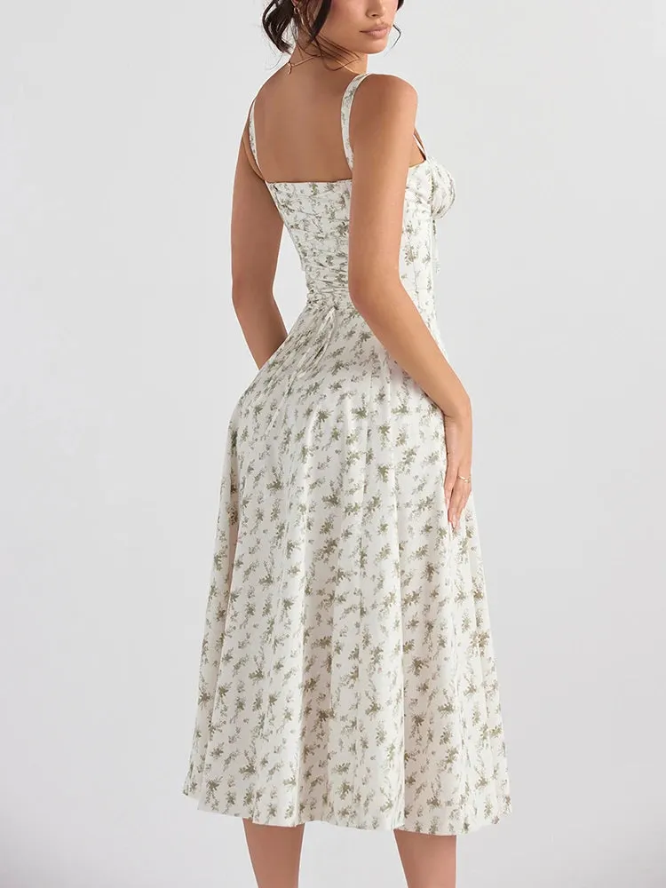 NewAsia Floral Summer Dress Boned Tie Up Split  Elastic With Lining Adjustable Strapes Zip Summer Dress Beach Women Vestido 2022