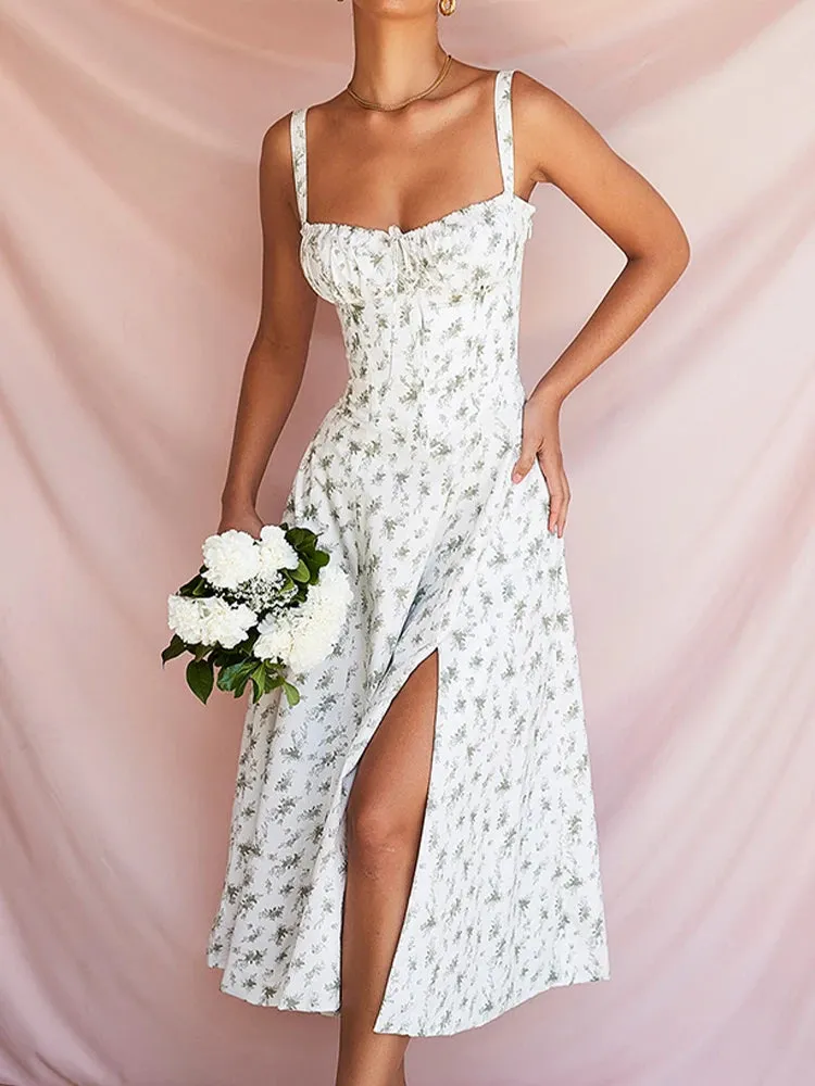 NewAsia Floral Summer Dress Boned Tie Up Split  Elastic With Lining Adjustable Strapes Zip Summer Dress Beach Women Vestido 2022
