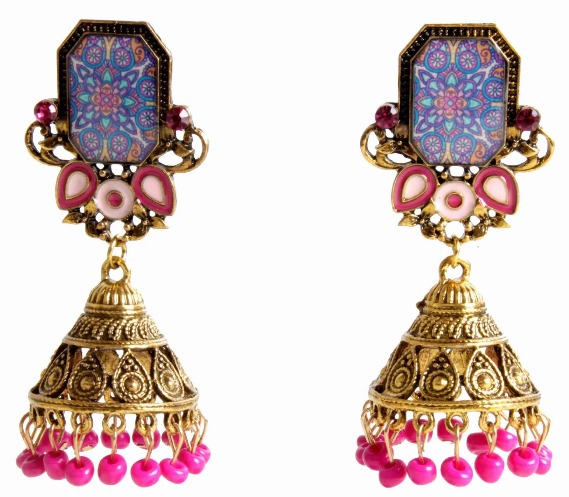 Rajputi Style Stone Fashion Gold Artificial Fashion Dangler Jhumka Earrings with Drops for Girls Women