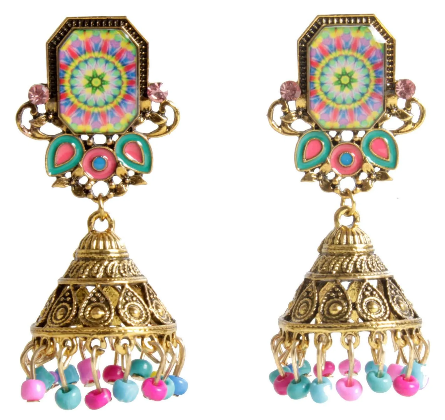 Rajputi Style Stone Fashion Gold Artificial Fashion Dangler Jhumka Earrings with Drops for Girls Women