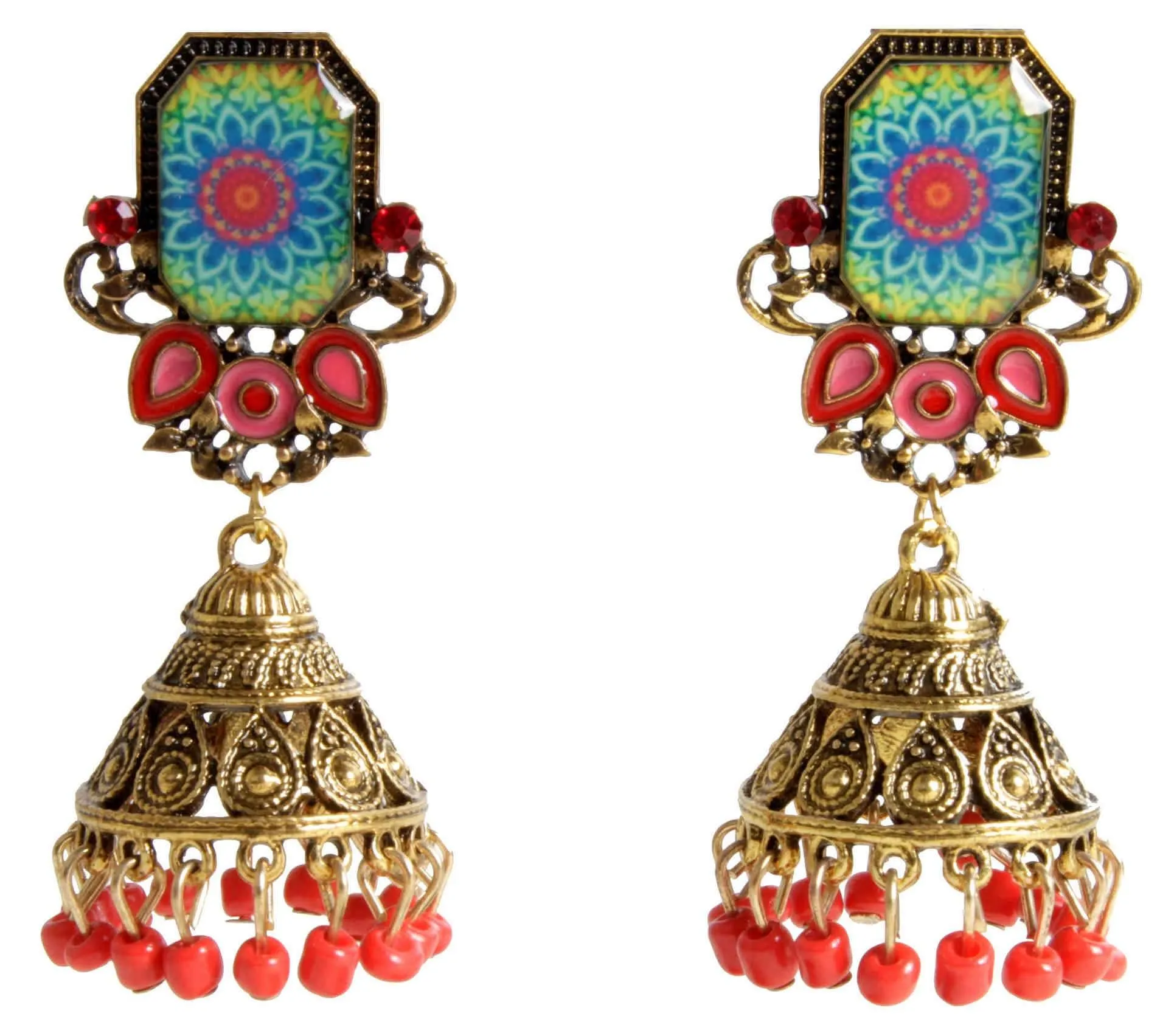 Rajputi Style Stone Fashion Gold Artificial Fashion Dangler Jhumka Earrings with Drops for Girls Women