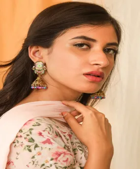 Rajputi Style Stone Fashion Gold Artificial Fashion Dangler Jhumka Earrings with Drops for Girls Women