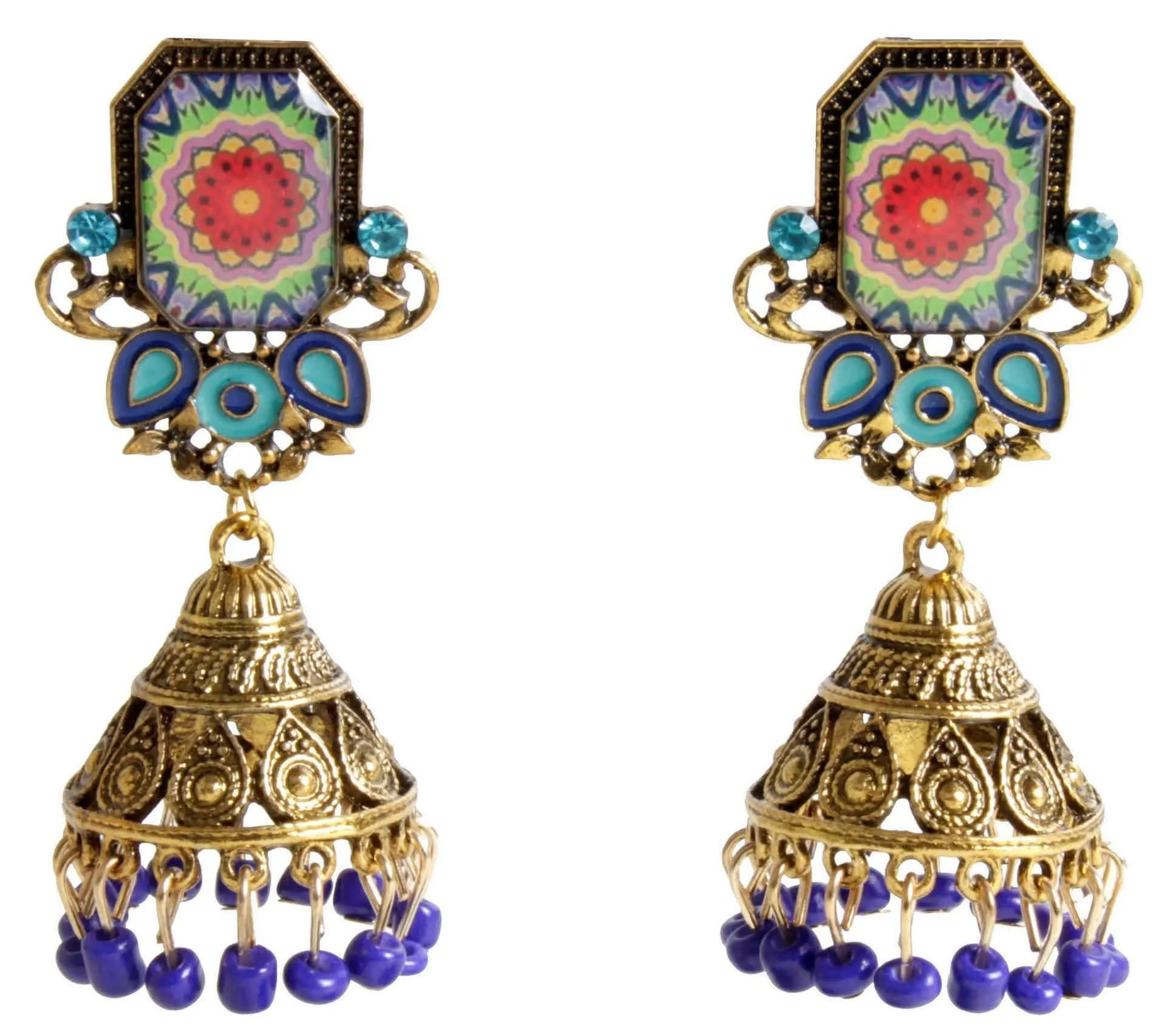 Rajputi Style Stone Fashion Gold Artificial Fashion Dangler Jhumka Earrings with Drops for Girls Women