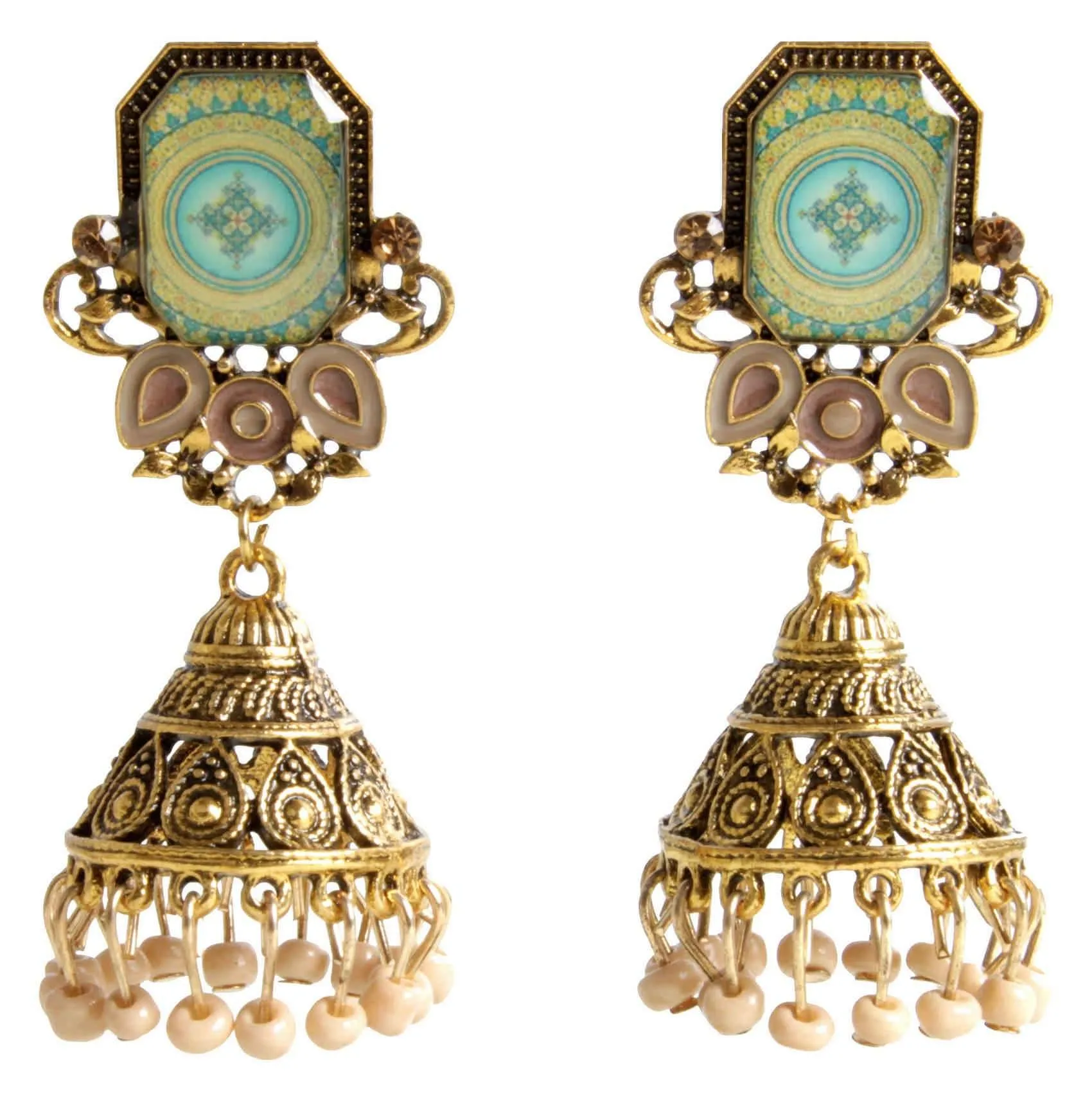 Rajputi Style Stone Fashion Gold Artificial Fashion Dangler Jhumka Earrings with Drops for Girls Women
