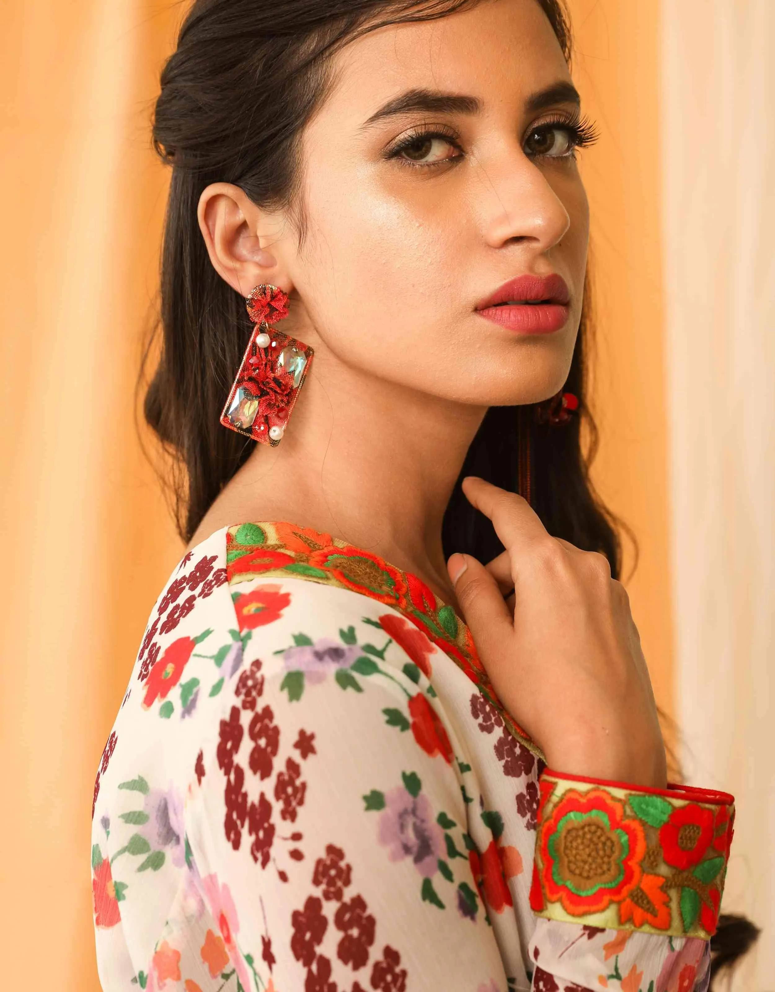Rhinestones on Printed Net Design Artificial Fashion Dangler Earrings Jhumka for Girls Women