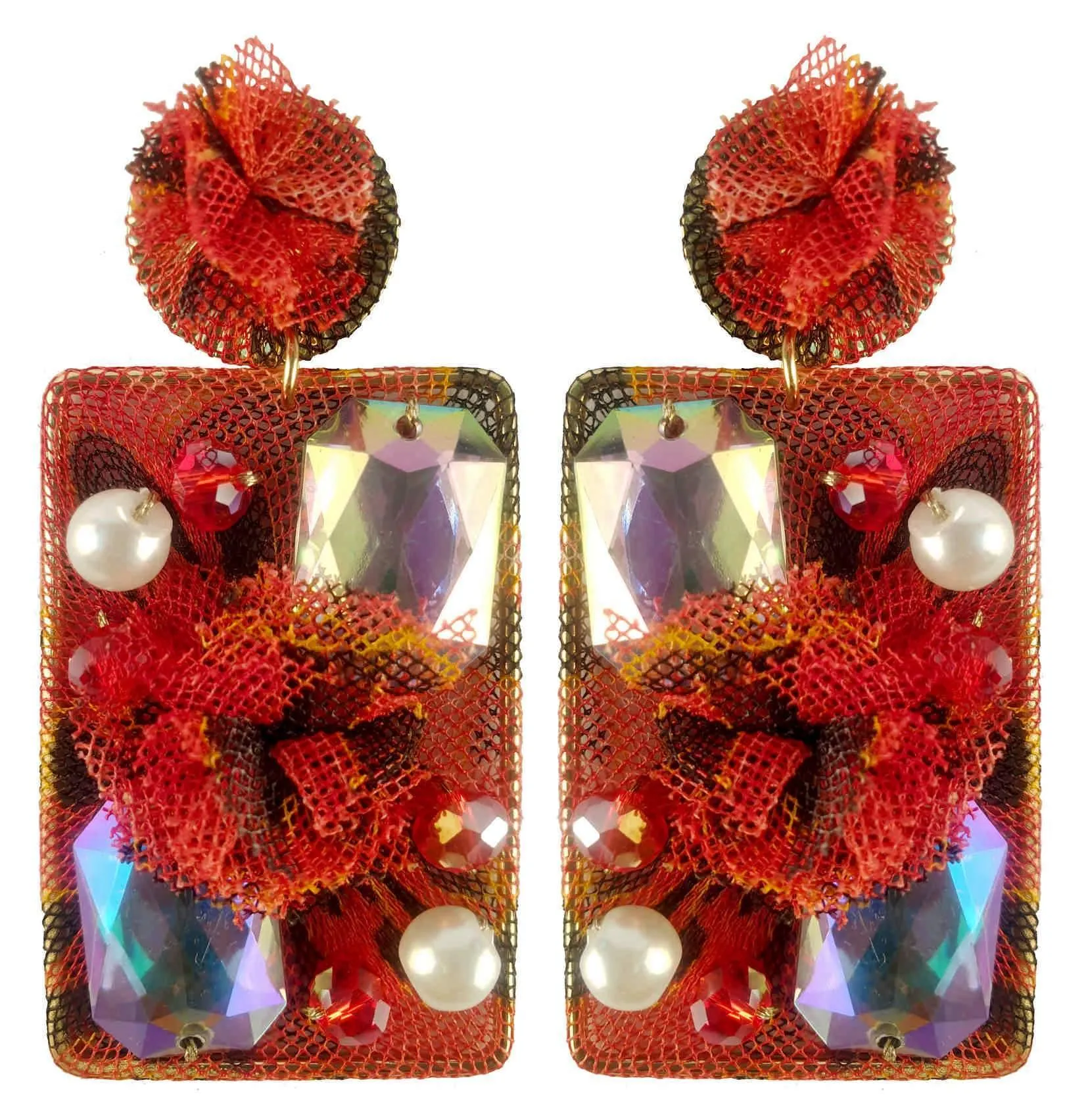 Rhinestones on Printed Net Design Artificial Fashion Dangler Earrings Jhumka for Girls Women