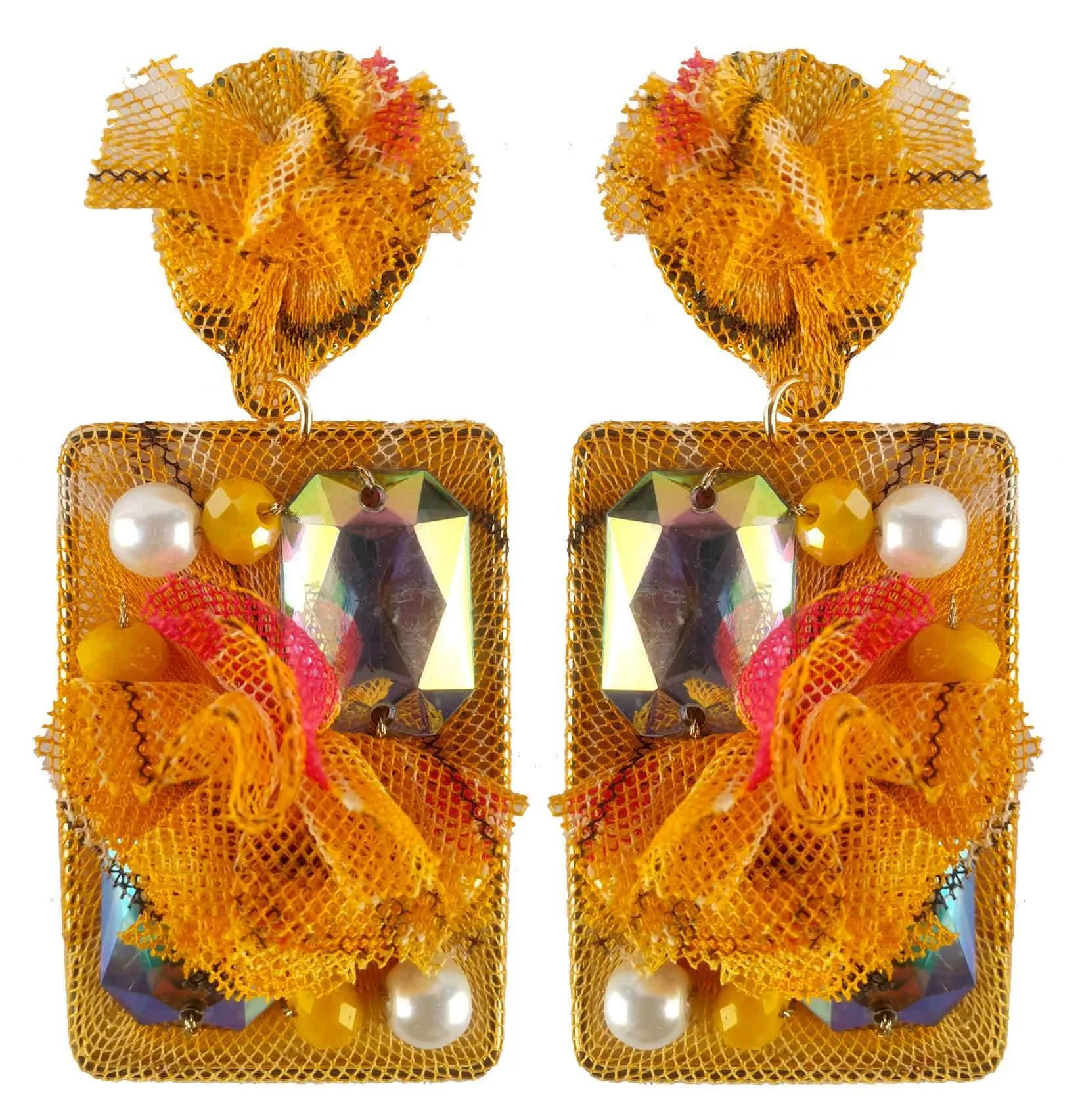 Rhinestones on Printed Net Design Artificial Fashion Dangler Earrings Jhumka for Girls Women