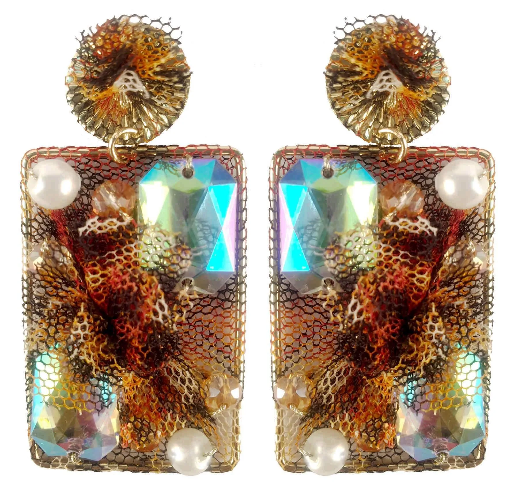 Rhinestones on Printed Net Design Artificial Fashion Dangler Earrings Jhumka for Girls Women