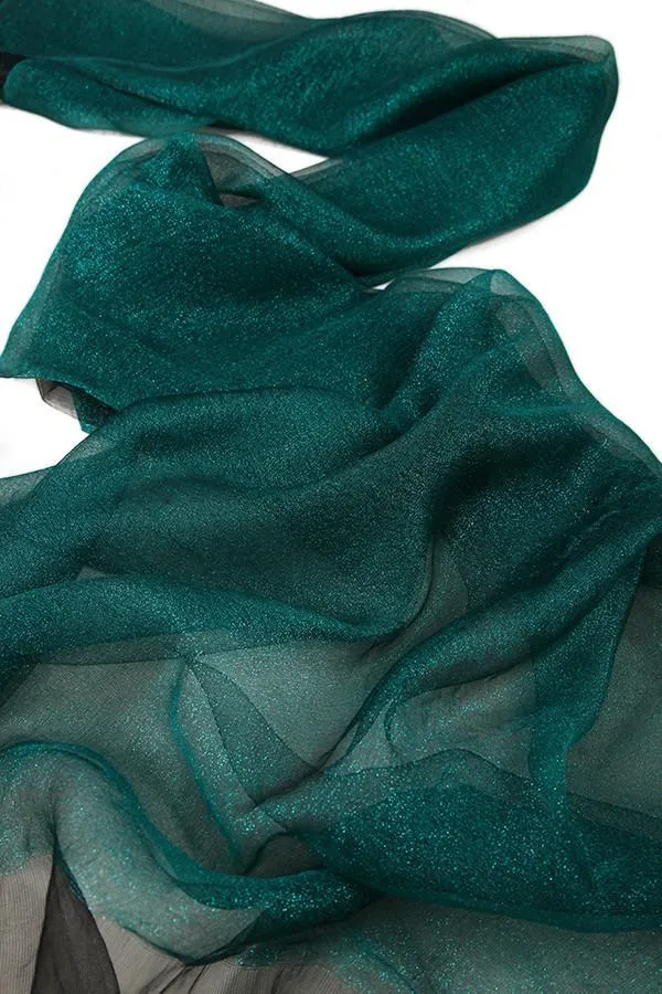 Silk and Viscose Organza Shawl Wrap Scarf Dark Green with Silver Threads COT607