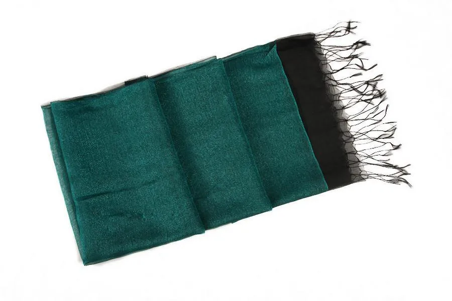 Silk and Viscose Organza Shawl Wrap Scarf Dark Green with Silver Threads COT607