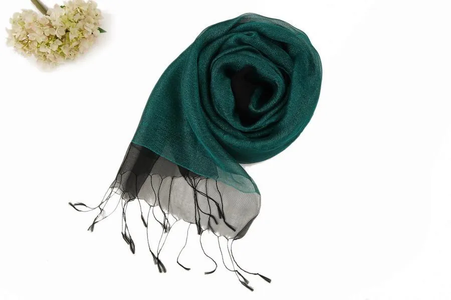 Silk and Viscose Organza Shawl Wrap Scarf Dark Green with Silver Threads COT607