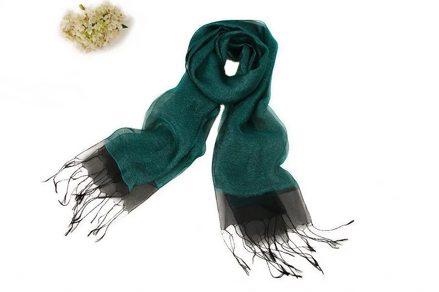 Silk and Viscose Organza Shawl Wrap Scarf Dark Green with Silver Threads COT607