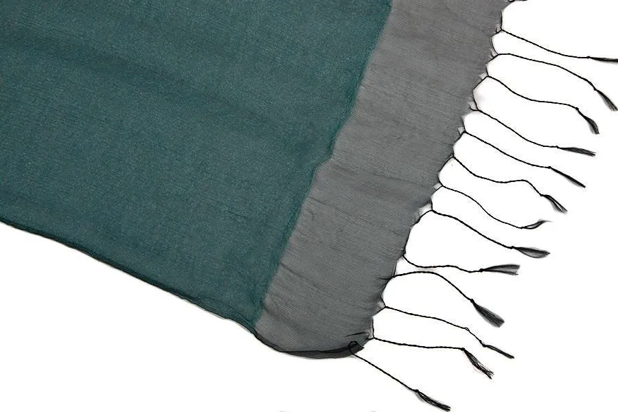 Silk and Viscose Organza Shawl Wrap Scarf Dark Green with Silver Threads COT607