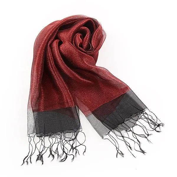 Silk and Viscose Organza Shawl Wrap Scarf Dark Red with Silver Threads COT603