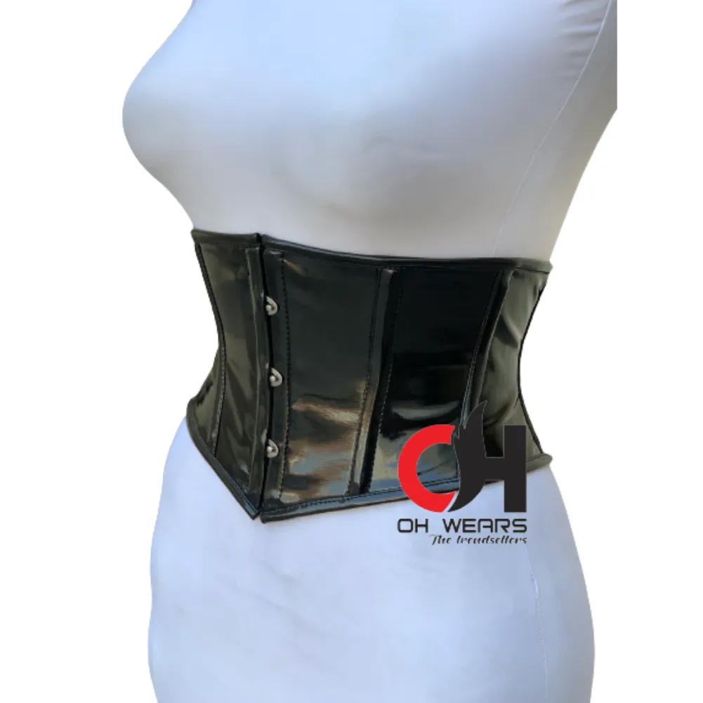 Underbust Black PVC Steel Boned Fashion Corset With Tight Lacing