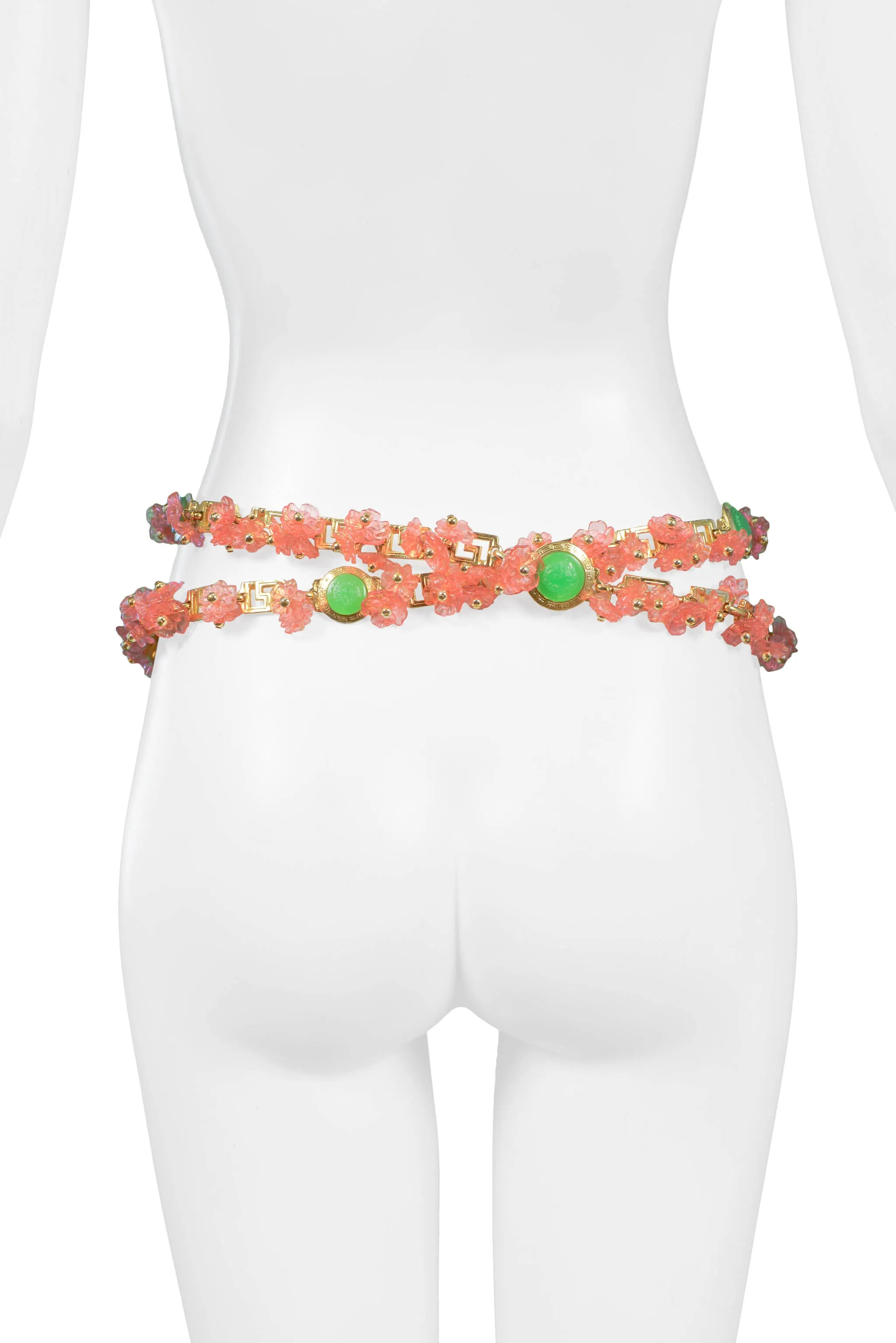 VERSACE ACRYLIC PINK FLORAL & GOLD GRECO BELT 1990S