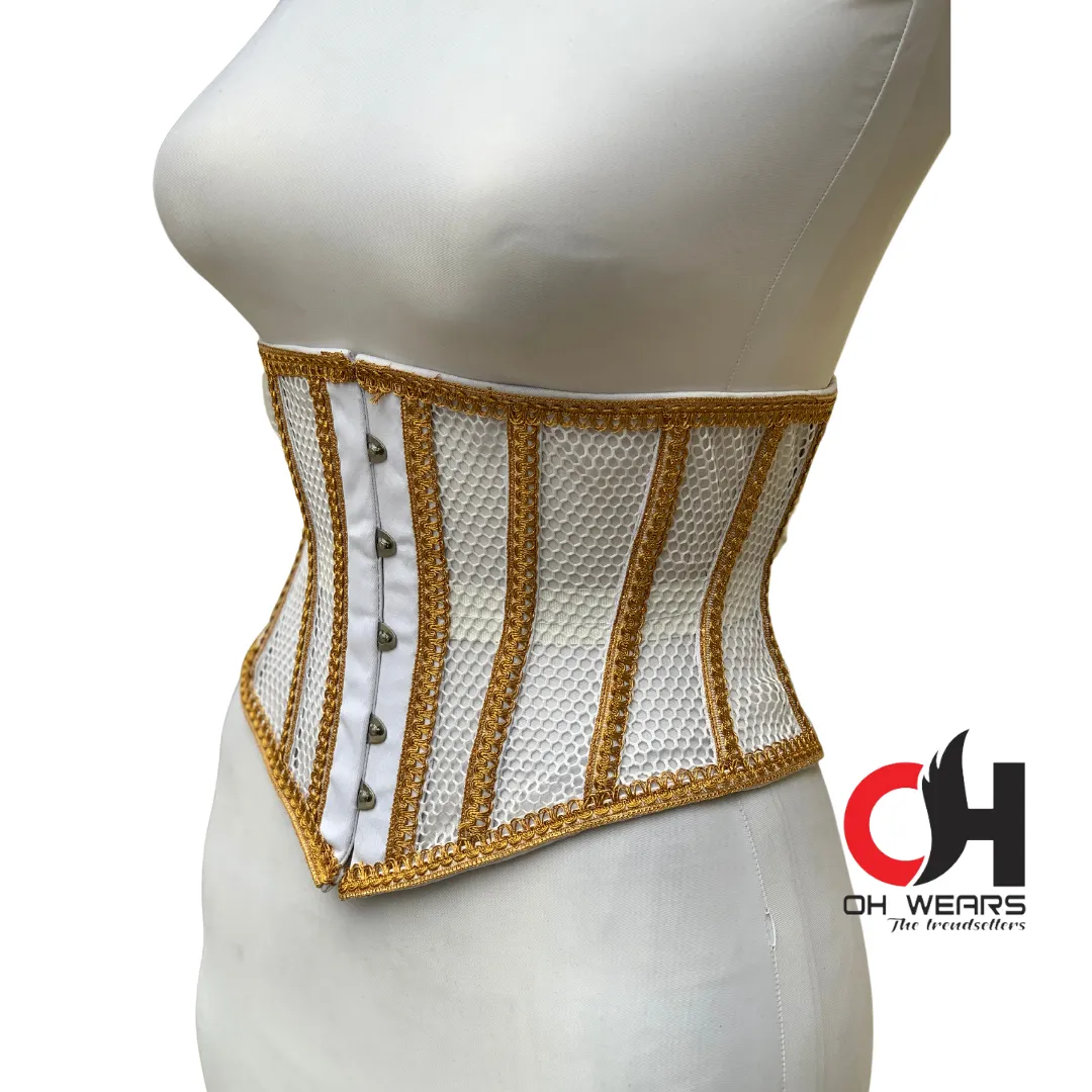 White Mesh Golden Outlines Underbust Corset Steel Boned