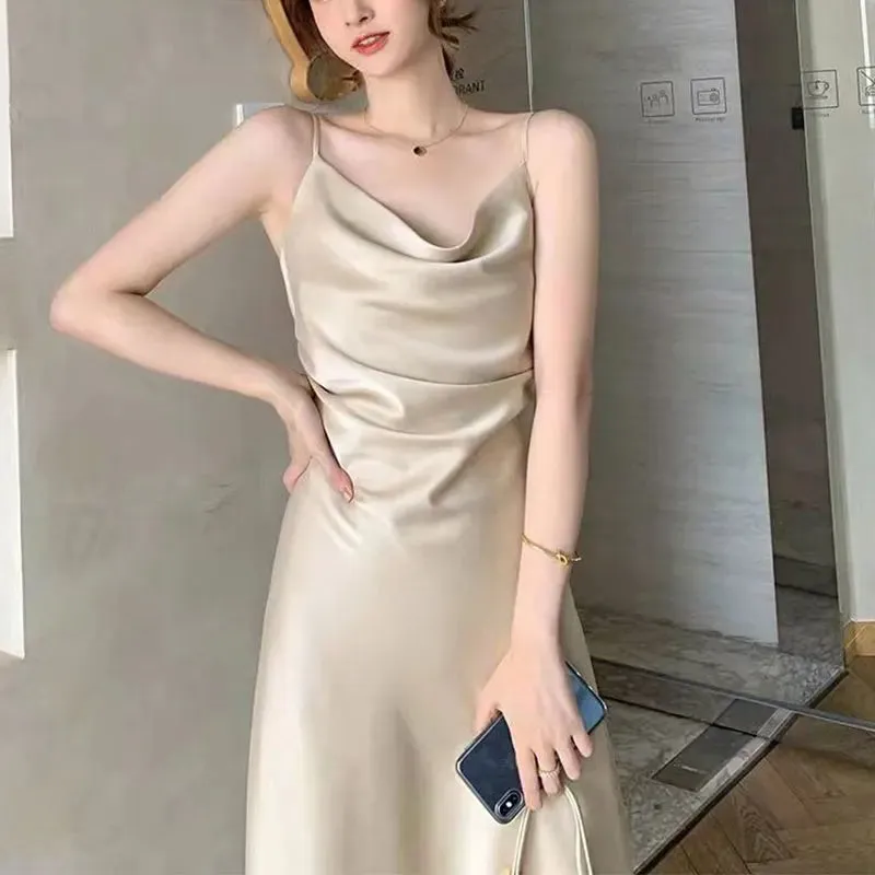 Women's Elegant Slip Dress, Monochromatic, Sexy Dresses for Office Lady, Fashionable Temperament Clothes, Summer Fashion