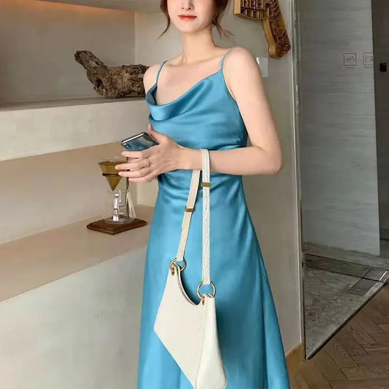 Women's Elegant Slip Dress, Monochromatic, Sexy Dresses for Office Lady, Fashionable Temperament Clothes, Summer Fashion