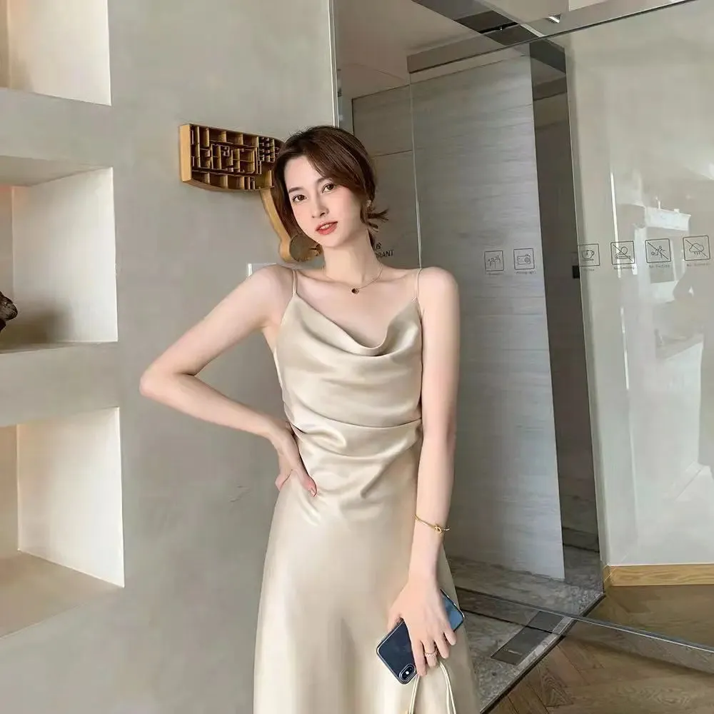 Women's Elegant Slip Dress, Monochromatic, Sexy Dresses for Office Lady, Fashionable Temperament Clothes, Summer Fashion