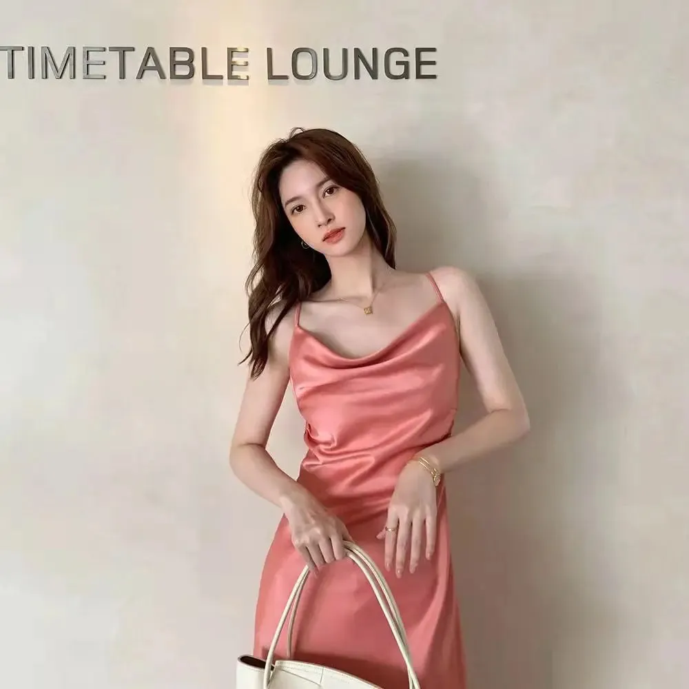 Women's Elegant Slip Dress, Monochromatic, Sexy Dresses for Office Lady, Fashionable Temperament Clothes, Summer Fashion