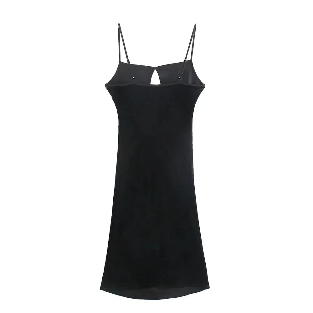 XEASY 2022 Summer Women Vintage Elegant Velvet Dress Female Office Lady Hollow Out Slim Sleeveless Party Sling Midi Dresses