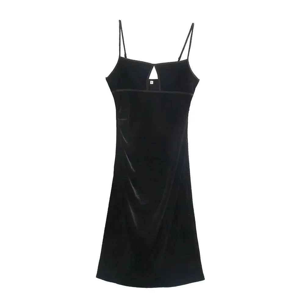 XEASY 2022 Summer Women Vintage Elegant Velvet Dress Female Office Lady Hollow Out Slim Sleeveless Party Sling Midi Dresses